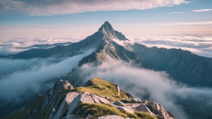 Sticker - Majestic Mountain Peak Rising Above Clouds and Fog on a Tranquil Summer Morning with Clear Space for Text or Branding