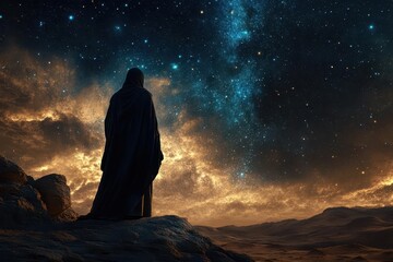 ancient shepherd gazing at starlit desert sky, flowing robes catching wind, biblical scene with dramatic chiaroscuro lighting