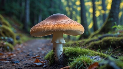 Canvas Print - Mushroom Growing Along Serene National Park Trail Surrounded By Lush Greenery And Soft Morning Light