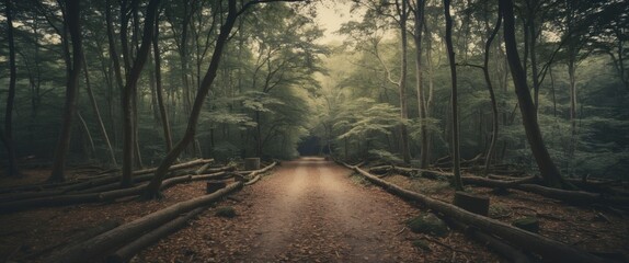 Canvas Print - Tranquil Forest Pathway Surrounded By Lush Foliage And Fallen Logs Ideal For Inspirational Text Overlay