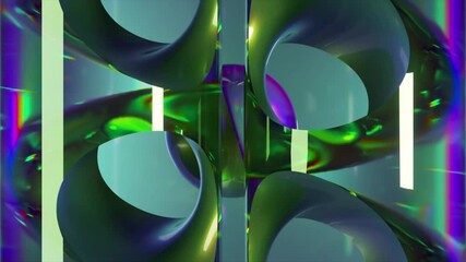 Wall Mural - Abstract animation showing a green sphere rotating inside an abstract structure with iridescent reflections, creating a mesmerizing visual experience