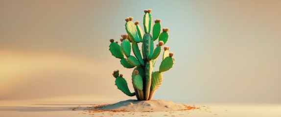 Poster - Opuntia Cactus with Small Brown Thorns in a Minimalistic Setting Featuring Empty Copy Space for Creative Text Addition