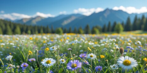 Poster - Scenic Mountain Landscape with Colorful Flower Field Under Clear Blue Sky and Lush Forest Ideal for Travel and Nature Themes