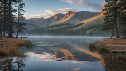 Poster - Scenic Pack Saddle Lake at Dawn with Reflections and Misty Mountains in Background Creating Tranquil Nature Landscape for Text Overlay