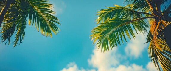 Poster - lush green palm leaves framing bright blue sky creating a tropical aesthetic ideal for advertising a