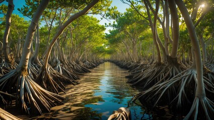 Poster - Tranquil Mangrove Forest with Lush Greenery and Reflective Waterway Ideal for Nature Themes and Text Overlay