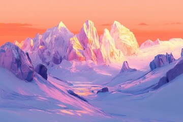 Wall Mural - arctic landscape at dusk with rose-gold light illuminating jagged ice formations and snow-capped pea