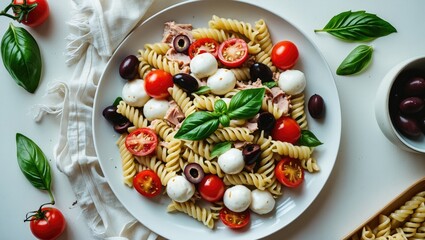 Wall Mural - Colorful Pasta Salad with Tuna, Cherry Tomatoes, Mozzarella and Olives Garnished with Fresh Basil Leaves on White Plate, Healthy Summer Dish.