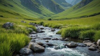 Canvas Print - Serene Mountain Stream Meandering Through Lush Green Valley Under Clear Skies