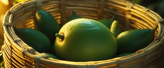 Wall Mural - Fresh Green Petai Beans Nestled in a Handmade Bamboo Basket with Warm Low Light Highlights