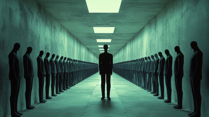 Poster - Multiple Versions of Self: A corridor filled with endless clones of the same person, slightly changing with each iteration.