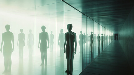 Poster - Multiple Versions of Self: A corridor filled with endless clones of the same person, slightly changing with each iteration.