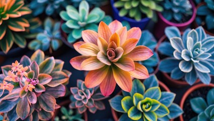 Wall Mural - High Angle View of Colorful Ornamental Succulents in Pots with Varied Gradations and Empty Space for Text or Design Elements