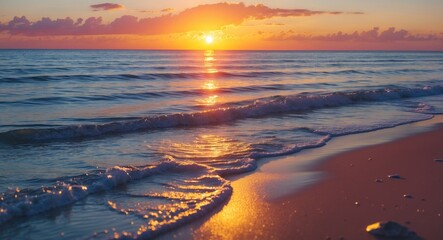 Poster - Serene Ocean Sunrise with Golden Reflections on Water and Gentle Waves Creating a Peaceful Coastal Landscape