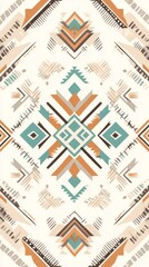 Poster - A vibrant tribal pattern showcases intricate geometric shapes in earthy colors and turquoise, ideal for textiles or contemporary artwork