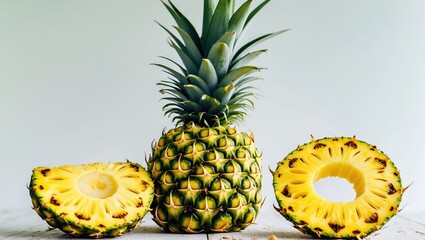 Poster - Fresh and Juicy Pineapple Displayed with Slices on Wooden Table Against a Light Background Ideal for Food and Health Themes