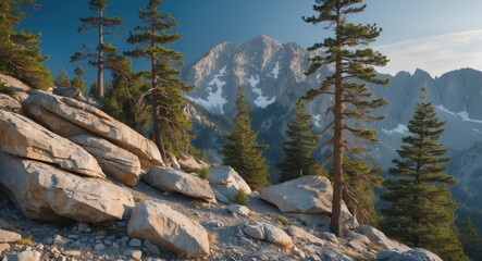 Canvas Print - Mountain Landscape with Tall Pines and Rocky Outcrops Under Clear Blue Sky