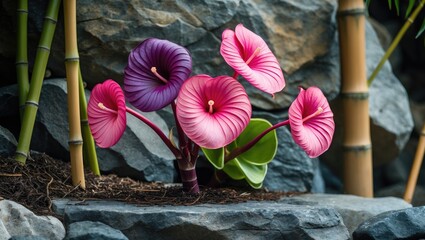Poster - Colorful Anthurium Flowers in Bloom Set Against a Natural Rock Background Surrounded by Bamboo for a Serene Outdoor Aesthetic