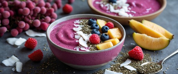 Wall Mural - Pink Pitaya Smoothie Bowls Topped with Fresh Berries Coconut Flakes and Linseed Nutritious Breakfast for a Healthy Lifestyle