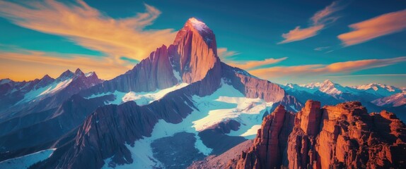 Wall Mural - Majestic Mountain Peak Surrounded by Dramatic Landscape at Sunset with Vibrant Sky and Snow-Capped Summits