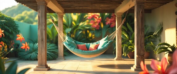 Poster - tranquil terrace with a cozy hammock surrounded by lush tropical plants and vibrant flowers perfect 