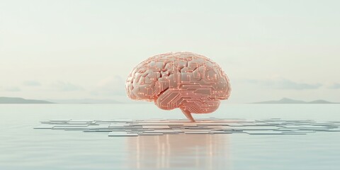 Poster - An intricate design of a brain made of circuits hovers over tranquil water, surrounded by soft light at dawn, illustrating the fusion of nature and technology