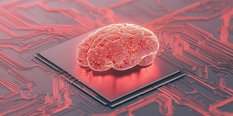 Poster - A digital brain made of glowing circuitry rests on a microchip, symbolizing advancements in artificial intelligence and technology integration in modern systems