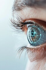 Poster - A close-up view of a human eye featuring glowing digital elements that represent technology, set against a soft, blurred background in a modern environment