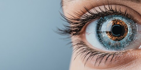 Poster - A detailed close-up of an eye, featuring intricate digital circuitry within the iris, symbolizing the merging of biology and technology in a contemporary setting