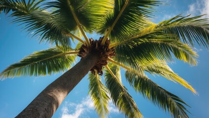 Poster - Majestic view of a palm tree from below against a bright blue sky showcasing lush green fronds and tropical ambiance.