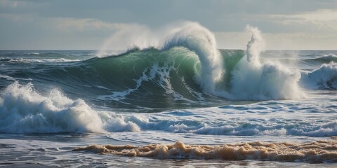 Poster - majestic ocean waves crashing on the shore with clear space for creative text or captions
