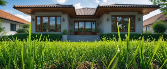 Poster - Vibrant Green Grass in Front of Modern House with Wooden Accents and Natural Light
