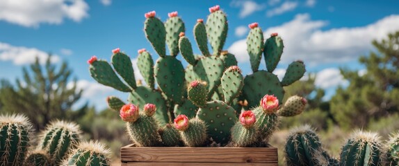 Wall Mural - Vibrant Prickly Cactus Arrangement in Rustic Wooden Planter Under Bright Blue Sky with Clouds in Summer Landscape