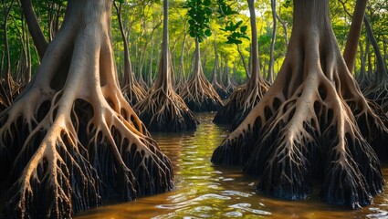 Poster - mangrove tree prop roots and buttress roots in serene waters with lush greenery and space for text i