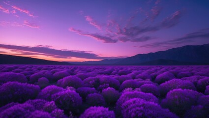 Wall Mural - Lavender Field at Dusk with Vibrant Purple Flowers and Open Space for Text in a Tranquil Landscape Setting