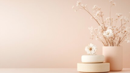 Poster - A stylish display features a vase filled with delicate dried flowers alongside stacked decorative items against a soft pink background, creating a serene ambiance