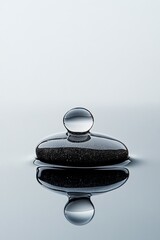 Poster - A smooth black stone rests on a reflective surface with a single water droplet balanced on top, creating a tranquil and calming atmosphere
