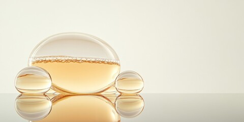 Poster - Two glass orbs, one large and one smaller, contain a golden liquid, casting soft reflections on a glossy surface in a simple background