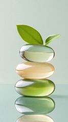 Poster - Smooth stones in green and pastel colors are artfully stacked with a vibrant green leaf resting on top, creating a peaceful and harmonious arrangement