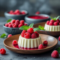 Poster - A creamy panna cotta dessert topped with fresh raspberries and mint leaves