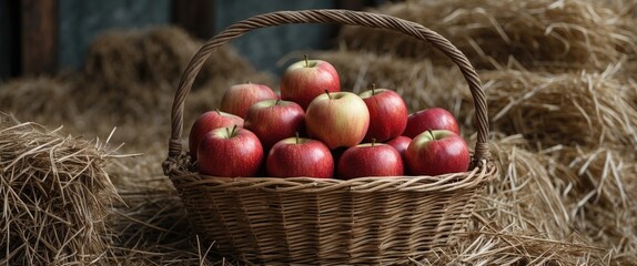 Wall Mural - Basket of Fresh Red Apples Resting on Haystack with Rustic Background Beautiful Harvest Seasonal Bounty Display