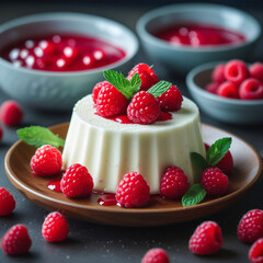 Poster - A creamy panna cotta dessert topped with fresh raspberries and mint leaves