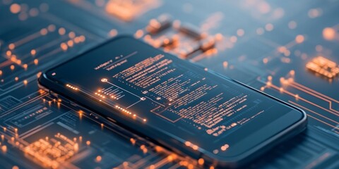Poster - A smartphone with a detailed coding interface is placed on an illuminated circuit board. The glowing patterns create a high-tech atmosphere in a dark space