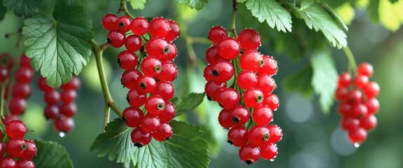 Wall Mural - Fresh Red Currants Hanging on a Branch Surrounded by Leaves with Soft Focus Background for Text Placement