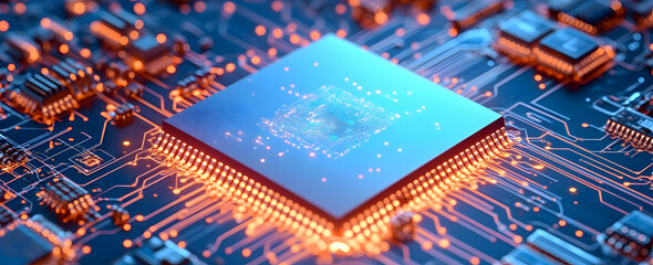 Poster - Abstract blue background with a digital circuit board and glowing particles