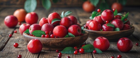 Poster - Bountiful Fresh Red Fruits in Rustic Wooden Bowls on Table with Green Leaves and Natural Lighting