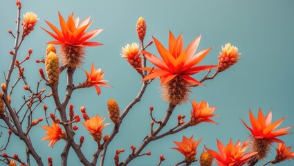 Poster - Vibrant Red Orange Yucca Flowers on Shrub Branches Against a Soft Background Highlighting Exotic Nature with Copy Space for Text