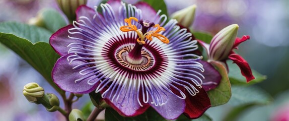 Poster - Vibrant Close-Up of Red Passion Flower with Blank Space for Text Overlay and Floral Background