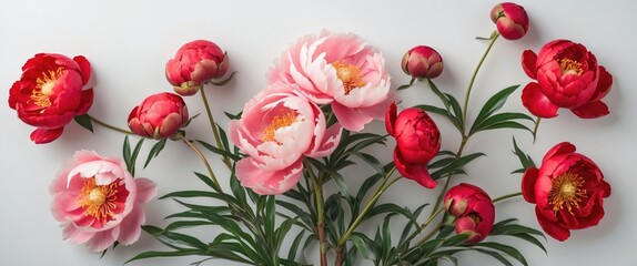 Canvas Print - Assorted Red and Pink Peony Flowers in Full Bloom with Buds Isolated on a White Background for Floral Design and Decoration