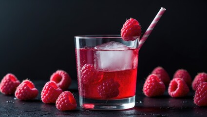 Wall Mural - Refreshing Raspberry Beverage with Ice in Glass Surrounded by Fresh Raspberries on Dark Background